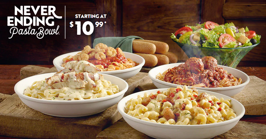 For a limited time only, visit Olive Garden where they are selling their Never Ending Pasta Bowl for ONLY $10.99! You will get unlimited Pasta, Breadsticks, and Salad or Soup for that low price! Sweet! The pasta can be served with sauce and toppings of your choosing for an additional price.

This offer is available for dine-in only. If you can not finish your food at the restaurant you can take your leftovers home.