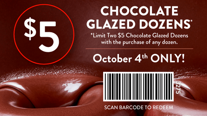 Krispy Kreme Chocolate Glazed Doughnuts One Dozen for JUST $5 (October 4th ONLY!)
