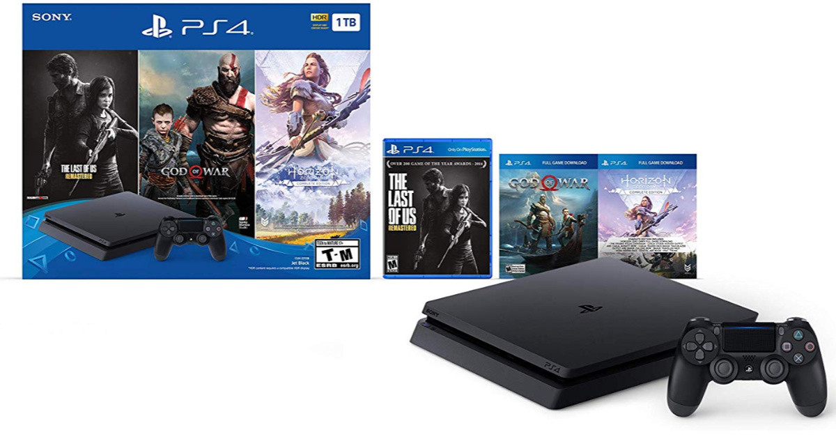 This Only On Playstation Bundle includes a jet black 1TB PlayStation 4 system, matching DualShock 4 wireless controller, HDMI cable, USB cable, God of War game voucher, Horizon Zero Dawn: Complete Edition voucher, and The Last of Us Remastered game.

It features 1TB of storage to provide you with plenty of storage space and you can also stream live with PlayStation Vue!