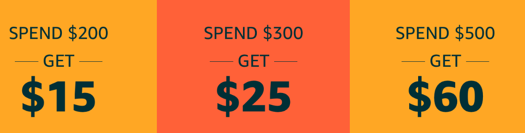 Spend $200 Get $15
Spend $300 Get $25
Spend $500 Get $60

Only on Black Friday (Nov 29) and only in the Amazon app
Get up to a $60 coupon toward a future purchase with the Amazon app when you place a qualifying order with the app on Black Friday (Nov 29). Coupons will be available on Dec 9. See bottom of page for full details.