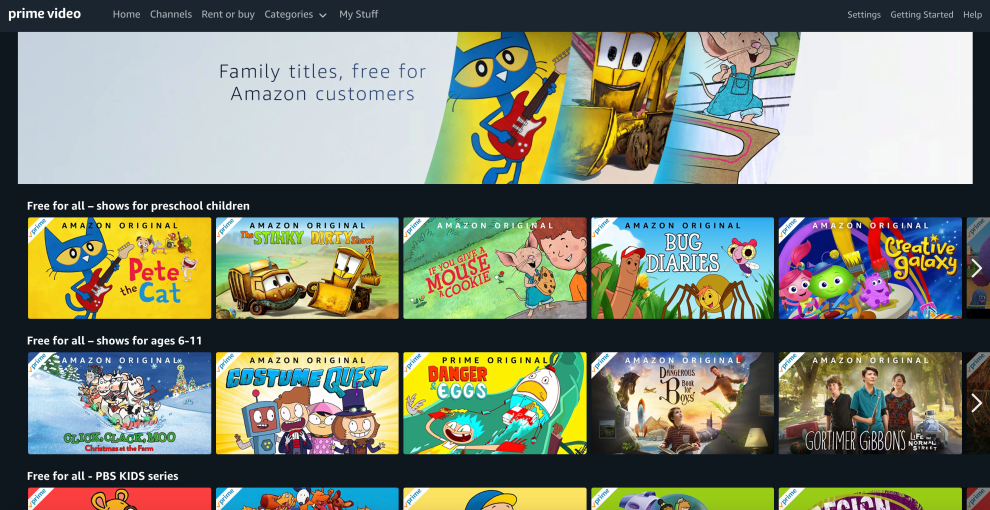 Amazon Prime Video streams children's movies and Television free of charge. No Prime Membership Required