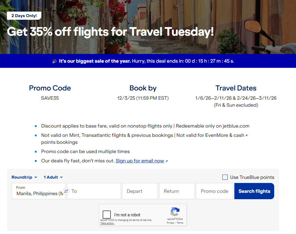 JetBlue Flight Deal: Save 35% on Flights Through December 3