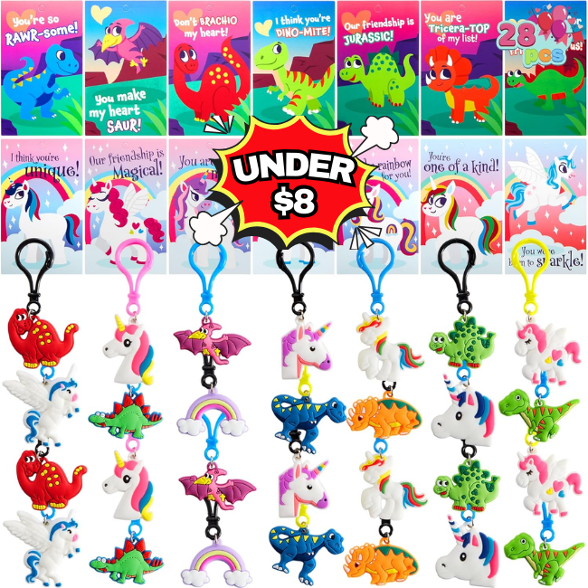 28 Pcs Valentine's Day Gift Cards with Unicorn Dinosaur Keychain