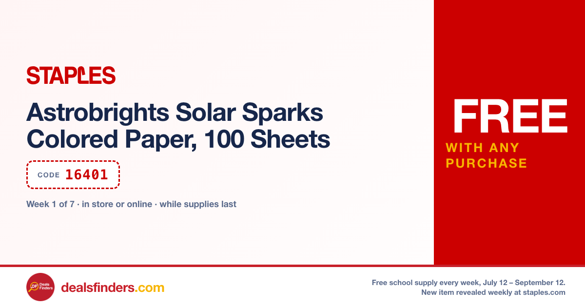 Staples free school supply week 1: Astrobrights Solar Sparks Colored Paper, 100 Sheets